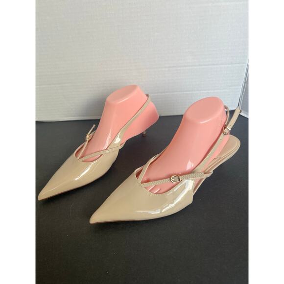 NWT Zara Cream Vegan Patent Leather Pointy Toe Kitten Heel Slingback Pump Shoe 9 - Picture 1 of 10